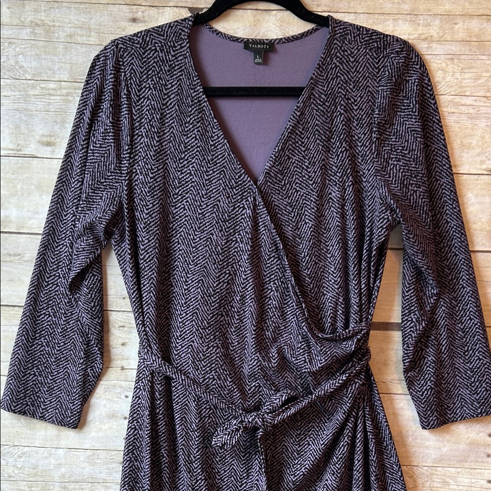 Talbots Black and Purple Wrap Style Dress with Herringbone Texture